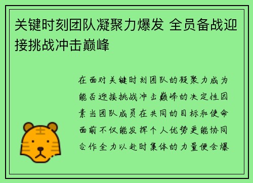 关键时刻团队凝聚力爆发 全员备战迎接挑战冲击巅峰