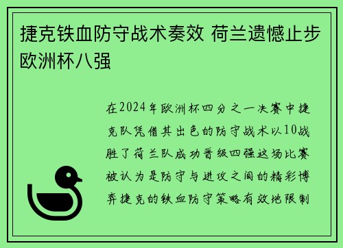 捷克铁血防守战术奏效 荷兰遗憾止步欧洲杯八强